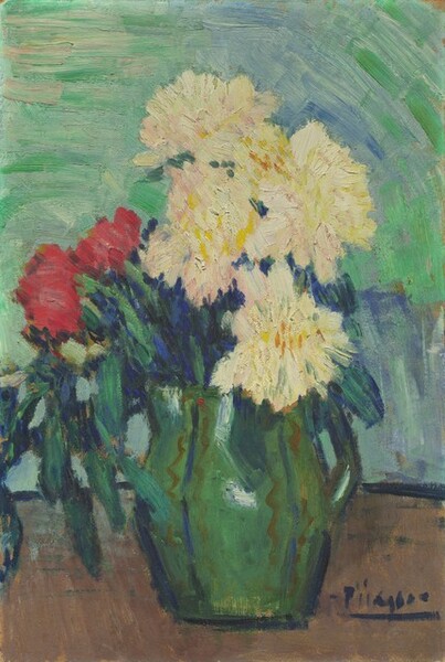 A shiny, fern-green ceramic pitcher holds four cream-white and two ruby-red peonies on a brown tabletop, presumably wood, in this vertical, stylized still life painting. This was created with loose, visible brushstrokes so some details are difficult to make out. The four peonies clustered to our right are painted with textured strokes of cream white and pale butter yellow. The two red flowers to our left are similarly painted with long, parallel strokes. The leaves are painted with moss and sage green, with vivid royal blue for the shadows. The pitcher has a wide mouth over only slightly pinched neck, and a handle is situated to our right. Cobalt-blue, widely spaced, vertical stripes are flanked by fawn-brown zigzagging lines. The tabletop is painted as a field of brown, separated from the background with a line of navy blue. The background is made with long strokes in aqua, light blue, and celery green that curve around the flowers in the upper right corner. The artist signed the painting with dark blue paint in the lower right corner, “Piicasso,” adding an extra I.