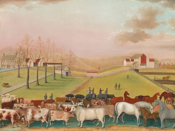 Cows, horses, sheep, and pigs stand closely together in a band across the bottom edge of this horizontal painting. Rolling hills open onto grassy lawns, farms, and fields beyond. The two dozen cows spanning the leftmost two-thirds of the painting are cream white, tawny, russet, or dark brown, or speckled with brown or black and white. White sheep, six adult and one baby, cluster beyond the cows, to our left. Five black pigs are behind the cows across the middle of the picture, one of them suckling several piglets. Nine horses and foals gathered to our right are white, gray, or one of several shades of brown. The land on which the animals stand is teal blue underfoot. Pale green, grassy plots rise gently to either side of a trough or irrigation ditch that comes toward us from a culvert at the far side of the field. Eight men wearing tall hats, coats, and pants gather in pairs beyond the animals, and one man, farther in the distance, walks alone. The grassy lawn is hemmed to each side by fences, and more run across the back of the space. A man walks behind a horse-drawn plow to our right. There is a line of five spindly trees in front of the fence to our left. Three cows lie in that enclosure not far from one more tree. Several buildings painted with cream white and barn red line the plots across the back of the space. Beyond, painted lightly, as if hazy, lines of crops or trees blur into the horizon, which comes about two-thirds of the way up the composition. The sky above is pale petal pink, and it deepens to icy blue across the top edge. A couple bunches of white and tan-colored clouds drift to our right. Brown lettering against a sand-colored ground along the bottom edge reads, “An Indian summer view of the Farm & Stock of James C. Cornell of Northampton Bucks county Pennsylvania. Tat took the Premium in the Agricultural society, october the 12, 1848 Painted by E. Hicks in the 69th year of his age.” The name James C. Cornell is in all caps, and October begins with a lowercase o.