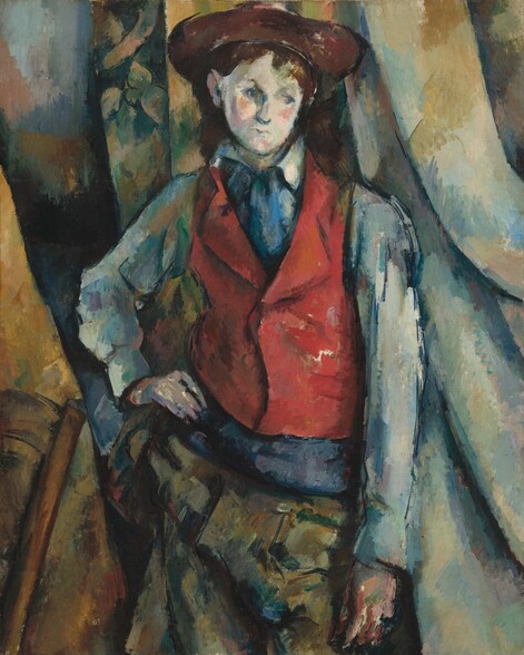 Shown from the thighs up, a boy wearing a crimson-red waistcoat stands against swags of fabric painted with visible strokes in white, sky blue, harvest yellow, and sage green in this loosely painted vertical portrait. Painted with choppy brushstrokes, the boy has pale, ivory-white skin, blushing pink cheeks, pursed lips, faint eyebrows, and topaz-blue eyes that gaze downward to our right. His paper-white skin contrasts with his shoulder-length dark brown hair, which is tucked behind one ear and under a chocolate-brown wide-brimmed hat. His red waistcoat is worn over a long-sleeved, collared, slate-blue shirt. The collar of his skirt is slightly flipped up on his right side, to our left, and a swipe of cobalt blue suggests a tie or scarf between the lapels. A band of sapphire blue could be a belt above olive-green trousers, and dashes of navy blue create shadows. His right hand, to our left, is planted on that hip and the other hangs straight and loose by his side, those fingertips almost brushing the bottom edge of the canvas. The boy’s body is outlined in dark blue. The drapery behind him falls in folds that sweep gently to our right. The background is painted with patches and swipes of cool blues and greens, and pale golden yellow. One swag of the drapery, over the shoulder to our left, is painted with a loose pattern suggesting leaves. One back post and a sliver of the curving back of a wooden chair peeks into the composition in the lower left corner.