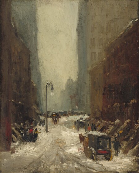 A snowy street with a horse and carriage is flanked to each side by tall buildings in this vertical painting. The overcast scene is loosely painted with visible brushstrokes throughout, so some details are difficult to make out. The buildings to each side are painted in tones of coffee and earth brown along the street, and oatmeal brown and slate gray for the buildings farther from us. Two-story houses with steps leading down to the street line the composition to each side, and the taller buildings beyond stretch off the top edge of the canvas. Closest to us and to our right, the horse and carriage move away from us. Painted with a few strokes in black, golden yellow, and crimson red, people walk or stand along both sides of the street. A single lamppost stands about halfway back along the street to our left. The globe dangles from the curved top of the lamppost. The snow is painted in tones of ivory and cream white. In the distance, the sky between the buildings is parchment brown. The artist signed and dated the painting in the lower left corner, “Robert Henri Mar 5 1902.”