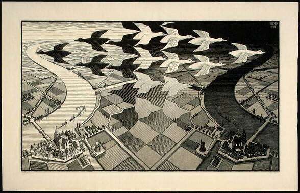 <p>M.C. Escher, Day and Night, 1938