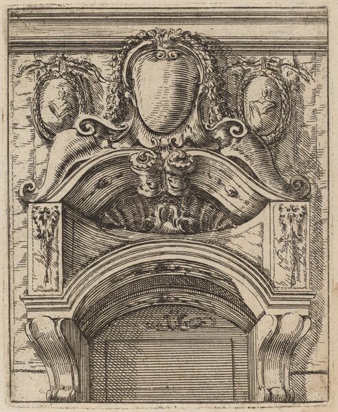 Architectural Motif with Three Shields, Two with Figures