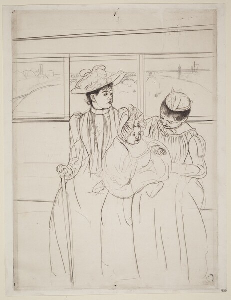 Printed with black lines on cream-white paper, two women, one holding a baby on her lap, sit on the long bench seat of an omnibus in this vertical composition. The women and their full skirts take up almost the width of the composition against the bench, which extends off both sides. The woman to our left wears a high-collared dress, gloves, and hat. She looks off to our right, almost in profile. She has a round face and the hint of a double chin. One gloved hand rests on a cane. The other woman holds the baby and tips her head down toward the child. Both women’s black hair is pulled up under their hats. The baby wears a ruffled bonnet, a blousy garment, stockings, and shoes. A row of windows behind them, parallel to the top of the bench, open onto an arched bridge spanning a river with boats. To our left, the water’s edge is lined with puffy forms reminiscent of trees and bushes.