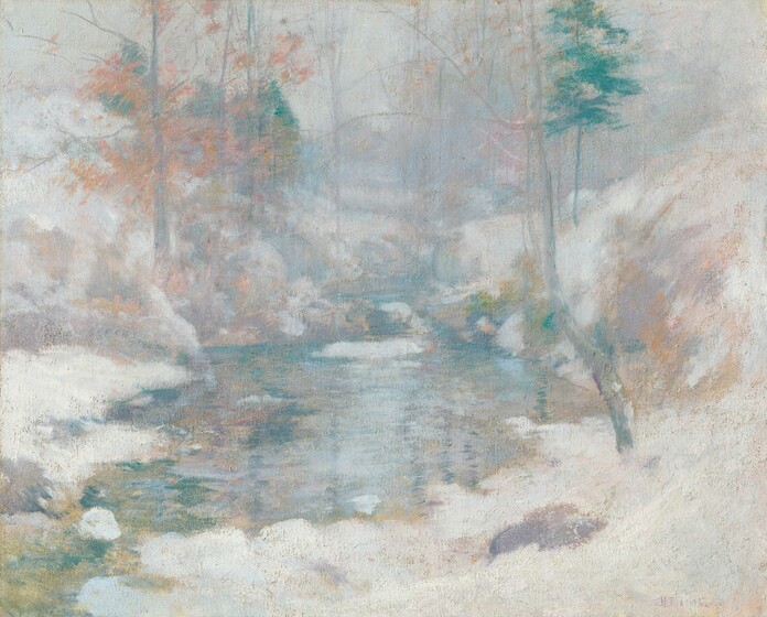 A stream meanders back through snowbanks in this wooded landscape, which is created entirely with cool, pale tones of white, gray, blue, lilac, and golden beige in this nearly square painting. Steep banks sloping toward the stream are mounded with snow. Touches of tan and pale pink suggest traces of foliage in some of the tree branches above. The paint is loosely applied so some brushstrokes are visible, creating a soft, hazy view of this scene.