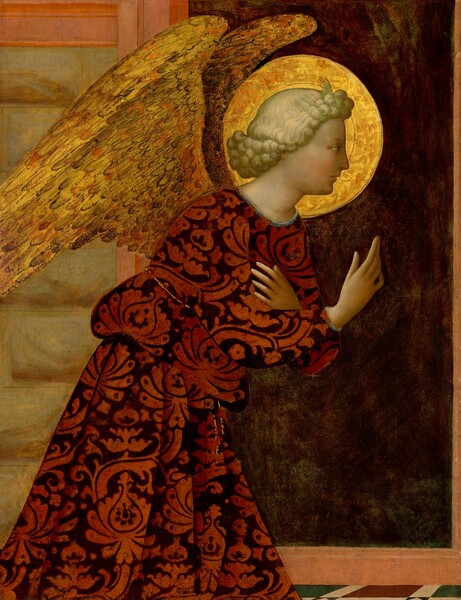 Shown from the knees up, a winged angel with blond hair and pale skin faces our right in profile with arms crossed at the chest in this vertical painting. A gleaming gold halo surrounds the head and curls lining the forehead and nape of the neck. The angel looks off to our right with silver-gray eyes, and wears a long gown decorated with a brick-red floral pattern against a black background. Gold, feathered wings extend from the shoulders, and the angel leans forward from the hips. The background behind the angel could be a portion of a wall made from stacked mustard-yellow horizontal bands, perhaps boards, that fills the left half. The right half is filled with swirling shades of caramel and earth brown, and both sides are partially framed with salmon-pink bands. A sliver of floor along the bottom of the painting is patterned with pine-green and burgundy-red tiles separated by cream-white bands.