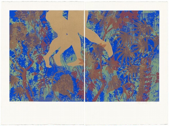 Shown from the waist down, two pairs of legs, silhouetted in mat gold, float to our left of center from top edge of the composition against a streaks and smears of cobalt blue and muted mint green in this abstract, horizonal print. The image spans two pieces of paper, so there is a narrow white margin down the center. The legs seem to face each other in profile, knees touching or overlapping. One foot in the pair to our right is lifted behind the body and the person to the left stands up on the toes of both feet. A network of stylized stems, leaves, palm fronds, and perhaps narrow tree trunks in rust brown overlays the blue and green field. In pencil under the image in the lower left, an inscription reads, “il sogno del cortile 14/50,” and to the right, “Kay WalkingStick 2004,” though not all the letters are fully delineated.