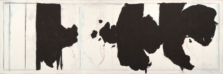 Two black, abstract shapes against a white background dominate this wide, horizontal painting. One column-like, black shape is to our left, about a quarter of the way in from the left edge of the canvas. The bottom edge of the black form is jagged and an irregular bump protrudes at the center of the right side of that shape. The other black form fills most of the right half of the composition. That shape is made of two forms resembling very fat Ps with spines that curve around the protruding bumps, to our right. There are small spatters and dribbles of black paint around some of the shapes that only could have been made by striking the canvas with some force. The white background is outlined near the edge of the canvas, creating a subtle frame that contains the massive black shapes. Vertical lines, most of them smudged or faint, create vertical sections across the composition. A blurred, steel blue line appears in the left most column. Thin washes of smokey blue and rose pink spread in areas across the composition. The artist has signed and dated the painting in the lower right, “R. Motherwell 1978.”