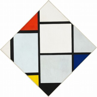 This abstract, geometric painting has been tipped on one corner to create a diamond form rather than a square. The surface of the canvas is crisscrossed by an irregular grid of black lines running vertically and horizontally like offset ladders. The black lines create squares and rectangles of different sizes, and the width of the lines vary slightly. One complete square sits at the center of the composition and is painted white. Other rectangles are incomplete, their corners sliced by the edge of the canvas, and each is a different shade of white with hints of pale blue and gray. The black grid creates triangular forms where it meets the angled edge of the canvas in some places, and some of these are filled with flat areas of color. A tomato-red triangle is placed to the left of the top center point, and a vibrant yellow triangle is to the left of the lower center point. A black triangle is next to it at the bottom center, and a cobalt-blue triangle is situated just below the right point. The painting is signed with the artist’s initials at the lower center: “PM.”