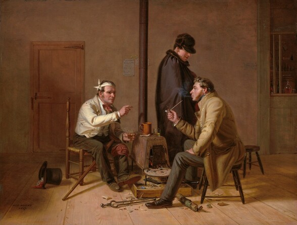 Three light-skinned men, one with his head and knee bandaged, sit and stand around a rusty, freestanding stove in a room with wide plank floors in this horizontal painting. In the center of the room and painting, glowing embers burn in the box-like stove and a long chimney pipe extends up off the back. A glass with amber liquid, a tawny brown mug, and a long, bone-colored pipe rest on top of the stove. To our left of the stove, the injured man sits on a broken-backed chair with his feet angled toward our right. He leans forward and points at the man sitting across from him with his right hand. In his left hand, farther from us, he holds a half empty glass of amber colored liquid. His head is wrapped in an ivory-colored cloth and his left knee in a brick-red cloth. He rests that foot on the platform beneath the fireplace and a wooden crutch leans on his leg. He has ashy-brown hair and a five o’clock shadow. He has a rose-pink cravat tied at his throat and wears a cream-colored jacket over a white vest, olive-green pants and brown shoes. To our right of the stove, a second man sits on a stool, his body angled to our left. He leans forward toward the other man with his feet straddling the platform under the stove. One hand is propped on his thigh and he leans on his other leg with his elbow, smoking a pipe held in that hand. He has curly blond hair, long sideburns, a long, prominent nose, and smoke wafts from his pursed lips. He appears to look past the injured man. He wears a camel-brown coat, charcoal gray pants, and black shoes. A third man stands behind the smoking man. His body is angled to our right so he stands with his back to the injured man, has face in profile. His head is tipped down so his eyes are hidden, and he smiles slightly. He wears a chocolate-brown cloak trimmed with fur and a fur hat with ear flaps folded up. In front of the stove, fire tongs, a log, and wood shavings litter the floor. To our left of the injured man, a black top hat lies on its side with playing cards and a spotted red handkerchief spilling out. Along the back wall, to our right, a built-in cabinet is filled with clear and dark glass bottles and small wooden barrels. A notice has been affixed to the taupe-brown wall, beyond the stove. It begins, “LONG ISLAND RAILROAD,” and is then indistinct. Two other slips of paper with indistinct writing have been nailed to the wall nearby. The artist signed the painting in the lower left corner: “Wm. S. Mount 1837.”