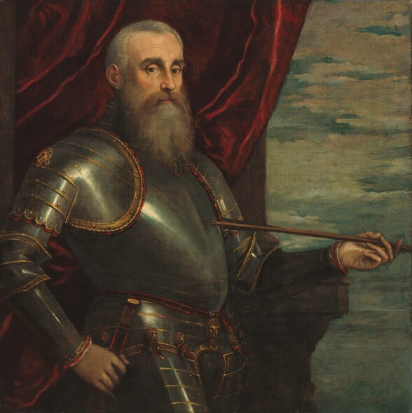 Shown from the thighs up, a pale-skinned man wearing armor and holding an arrow stands in front of a wine-red curtain drawn aside to show a cloud-streaked sky in this square painting. The man’s body is angled to our right, and he looks at us from the corners of his brown eyes. He has gray brows, flushed, high cheekbones, a straight nose, and his lips are closed under an ash-brown moustache over a long, gray beard. His gray hair is close cropped. His pewter-silver armor is lined and banded with gold, and decorated with lions’ heads at the shoulder we can see and across the tasset, spanning his hips. He holds the arrow in his left hand, to our right, so one end points toward his chest. The other hand rests by his side on a baton or hilt of a weapon. The curtain shows the edge of a column and stone banister, close behind the man’s far shoulder. Ivory-white clouds touched with pale pink are against a teal-blue sky in the right third of the painting.