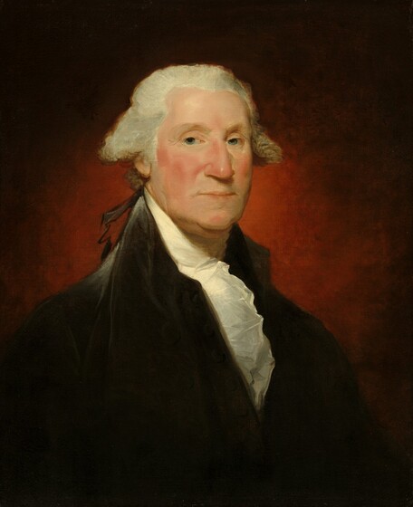 Seen from the chest up, an older man with ivory-colored skin, wearing a high-collared black coat and a cream-white, ruffled collar, is shown against a deep wine-red background in this vertical portrait painting. His body is angled to our right and he turns his face to look at us with gray eyes under pale gray eyebrows. He has a hooked nose and jowls along his chin line. His cheeks are flushed and he his lips are pursed and turned slightly downwards at the corners. His white hair flares out along the sides of his head and is tied at the nape of his neck with a ribbon loosely painted and outlined with black. His ink-black coat has silvery gray highlights along the high collar and his right shoulder, to our left. The background is painted with light brushstrokes to create an aura-like effect, deepening from scarlet around his face to somber black at the upper corners.