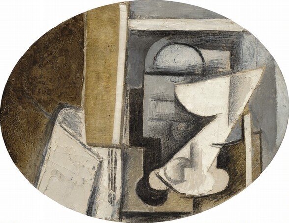 Rounded and angular shapes are painted with areas of mottled white, tan, gray, and brown in this abstracted, oval still-life painting. The shapes would be difficult to interpret without the painting's title, which is A Glass on a Table. A white shape with a rounded bowl, an angled stem, and flaring foot could be the glass. Other objects are layered behind it, but it is hard to tell if we look down onto a table or into a cabinet, or both. A white rectangle to our left could be a folded newspaper.