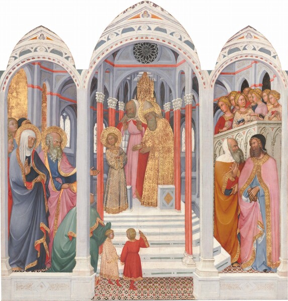 This painting is divided into three vertical panels that show people gathered in different parts of a temple, which spans the composition. Each panel is framed by a white and blue latticed arch. The people’s pale skin is tinged with green and they have rosy cheeks. Almost all of their robes, cloaks, and dresses are edged with gold. The central panel is the widest, about half again as wide as each side panel, and a bit taller than the other two. In it, a young blond girl, Mary, stands with her hands folded together in front of two bearded men. Mary leans slightly away from one of the men and looks off to our left. She wears a pale blue garment densely patterned with glimmering gold. She and one of the men next to her have shiny gold halos. The haloed man slightly bows toward Mary, hands out. His gold robe is lined with red, and he wears a white peaked hat with a gold band around the base. The second man stands behind this pair, his hands lifted, palms out. A rose-pink robe is covered by a crimson-red cloak, and a white cloth covers most of his balding head. This trio stands on a raised platform accessed on three sides by seven steps. Coral-red columns with white capitals hold up gray arches above, which in turn support a rose window at the top center of this panel. Two small boys stand at the base of the steps, their backs to us. Both have blond hair and wear red stockings. One wears a white and gold polka-dotted, high-necked robe and the other wears red and points at Mary. Six people fill the arch to our left. A woman with her head and neck covered by a white veil holds up one hand as she clutches her muted blue, gold-edged cloak around her body. She and the bearded, balding man next to her, who wears blue and pink, both have shiny halos. Three more people are barely visible next to and beyond this pair. The sixth person kneels and crosses the left and center panels. They wear a laurel-green robe and look up at Mary. In the panel to our right, two men stand in front of a balcony occupied by eight blond women. Both men are bearded. One has brown hair covered by a black hood, and he wears a pale blue robe under a shell-pink cloak. He looks off to our left, at Mary, and holds his hands clasped down in front of his torso. The other man looks at the first with one hand raised, the thumb pointing toward the center. He has gray hair covered by a white hood, and wears butterscotch-yellow and red. The women above wear dresses in red, pink, yellow, marine blue, or white dotted with gold. The spaces behind the groups on either side panel are backed by gray stone archways lined with coral-red molding. The floor across all three is patterned with squares and rectangles in red, black, and white. Low, white stone walls span the width of the side panels and open up to the center.