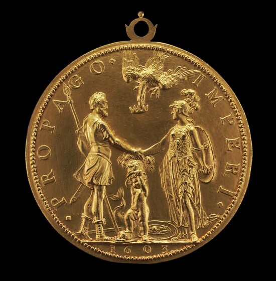 Guillaume Dupré, Louis XIII as Dauphin between Henri IV as Mars and Marie as Pallas Athena [reverse], 16031603