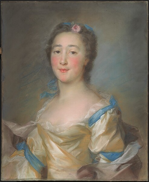 A Young Lady in a Yellow Gown with Blue Ribbons
