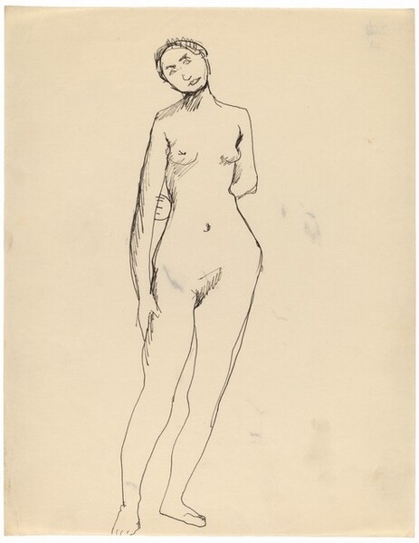 Frontal Nude Standing with Left Arm Behind Back, Head Tilted to the Left