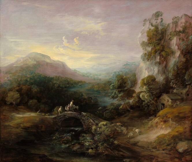 A river winds through forest-green trees and vegetation between rolling hills and mountains extending into the deep distance under a pale, orchid-purple sky in this nearly square landscape painting. Loose brushstrokes give this work a soft, hazy look. Closest to us, at the bottom center of the painting, dense foliage is created with touches of sage and pine green against a peanut-brown ground. Small in scale within the landscape, one person on horseback, two people on foot, and perhaps a dog cross an arched bridge spanning a narrow stream to our left of center. To our right of the bridge, a few round forms could be sheep or perhaps more indistinct plants. Nearby, a house is surrounded by tall trees at the base of a cliff that rises precipitously along the right edge of the canvas, and nearly reaches the top. At the center of the composition, the topaz-blue river widens as it winds into the distance beyond the bridge. Forests of dark green trees line the river along a mauve-pink mountain peak to our left. The trees, river, and more mountains become more indistinct farther in the distance. The horizon line comes just over halfway up the composition, and the sky is streaked with pale butter yellow over the mountain to our left, under pale purple clouds or haze above.