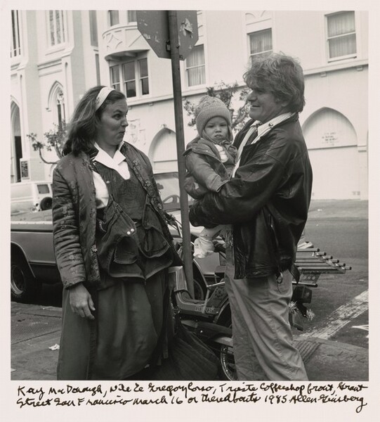 Kaye McDonough, Nile, and Gregory Corso, Trieste Coffeeshop front, Grant Street San Francisco March 16 or thereabouts 1985.