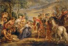 A man and woman greet each other at the center of a group of about a dozen people set within a landscape in this horizontal painting. All the people have pale, peachy skin. In the middle of the crowd, a woman, Abigail, kneels to our left while a man, David, reaches out to her to our right. Abigail’s blond hair is tied back under a white veil that drapes over her shoulders, and she wears a slate-blue dress and a string of pearls around her neck. She holds her left hand, on our right, to her chest and her opposite hand gestures down toward a basket of bread held by a swarthy man in the lower left corner of the painting. David stands and bends toward Abigail as he cups her bent elbow with his left hand. His other hand rests on a walking stick near her head, and his index finger is extended as if to brush her cheek. He has short, curly blond hair and beard, and he wears a thigh-length tunic under a breastplate. Crimson-red fabric drapes around his shoulders and over his armor, and a dagger or short sword hangs at his hip. Three women, three men, and a donkey gather to our left, behind Abigail. Two of the men hold large baskets of bread, and they all look toward Abigail and David. Six armored men, two younger people, and two horses make up the group to the right. Trees line a hill behind the people to our left and dark gray and amber-colored clouds fill the sky.
