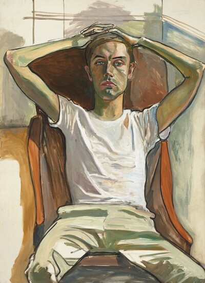 Shown from the knees up, a man with light skin shaded with sage green sits in a carrot-orange, high-backed chair, looking at us in this stylized, vertical portrait. Brown hair sweeps across his forehead and his interlaced fingers rest on his head so his elbows splay to the sides. The green shading is especially noticeable in the contours of his face and the underside of his thin arms. One black eyebrow is slightly arched over pale silver eyes. His pink lips are closed in a straight line and there is the suggestion of a cleft in his chin. He wears a white tee shirt and khaki pants, and his knees are relaxed open. His chest is slightly sunken in as he leans into the chair. The chair and his body and features are outlined in black. Brushstrokes are noticeable throughout, and the background is especially loosely painted. Areas of watery lavender purple, pale blue, and tan suggest the structure of a room. Light falls onto the man from our left.