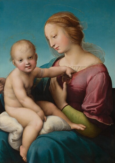 A woman holds and looks toward a nude, young child, who sits on her lap and looks out at us, smiling, in this vertical painting. They both have pale skin and thin, gold halos floating above their heads. The clear sky behind them deepens from teal blue along the top edge to ice blue behind their shoulders. To our right, the woman is shown from the lap up with her body angled to our left, toward the child she holds. She looks down at the child almost in profile with dark eyes under faint brows. She has a long, straight nose, smooth cheeks, and her petal-pink lips are closed. Her blond hair is braided and twisted back from her face under a sheer, gold-trimmed, white veil, that flutters as if in a breeze. Her rose-pink dress has a wide neckline and the elbow-length sleeve we can see falls loosely over a tighter, spring-green sleeve. The neckline is trimmed with gold decorations and an inscription: “MDVIII.R.V.PIN.” A peacock-blue robe drapes over the shoulder farther from us and across her lap. That arm wraps around the child’s back, and she holds her other hand to her chest, near where the child grips the neckline of her dress. The child sits on a white pillow with one leg flung across the woman’s lap and the other, closer to us, dangling between her knees. Slightly slouched, his body is angled to our right, toward the woman, but he looks over his shoulder at us with dark eyes. He has faint eyebrows, a delicate nose, a dimpled chin, flushed cheeks, and his pale pink lips curl into a smile. He has wispy blond hair and pudgy, toddler-like cheeks and body. His other hand rests on the pillow between his legs. A band of gauzy, sheer fabric decorated with gold stripes wraps around one shoulder and around his upper chest.