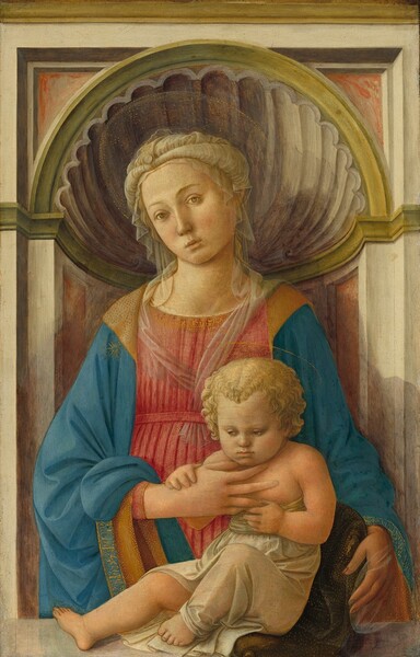 A woman supports a pudgy baby who sits on a stone ledge in this vertical painting. They both have pale skin, rosy cheeks, blond hair, and subtle halos made of gold dots. The woman’s body faces us, and her head tips to our left. She looks at us with brown eyes under delicate brows, and she has a straight nose, full cheeks, and her small, bow-shaped lips are slightly parted. A translucent white veil wraps around her hair and falls to her shoulders. Her rose-pink dress is pleated vertically down the front, and her lapis-blue cloak falls from her shoulders. Gold lettering lines the neckline of the dress and the full sleeves of the cloak. A gold star is painted on her right shoulder, to our left, and gold dots create shimmering highlights on her clothing. She braces the baby’s chest with one hand, and the other rests behind the forest-green pillow on which he sits. The child has small, light brown eyes, a delicate nose, and round cheeks. A white cloth wraps around his chest and falls across his lap. He holds onto the woman’s hand with one of his own, and his other hand grips the woman’s ring finger. The woman stands behind the ledge in front of a carved, round-topped niche. The niche is inset with laurel-green stone around a half shell that curves over her head. The upper corners and back of the niche below the shell are set with pink stone against the white molding.