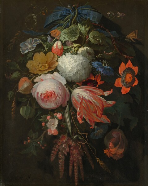 <p>Abraham Mignon, A Hanging Bouquet of Flowers, probably 1665/1670
