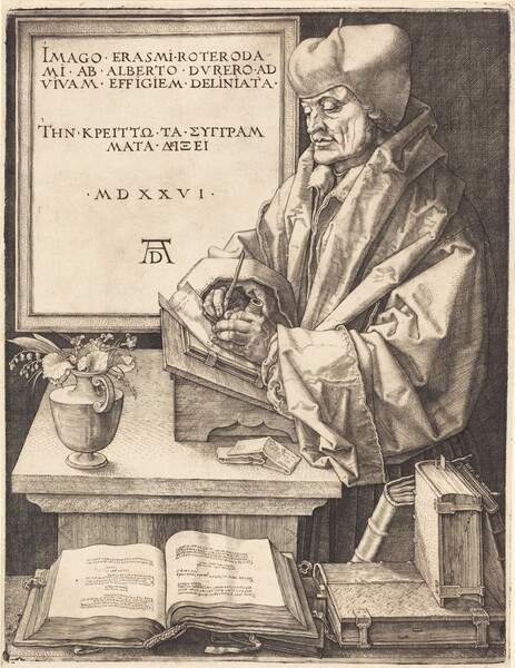 Created with fine black lines printed on cream-white paper, this vertical engraving shows a man facing our left, wearing a cap and voluminous robe as he writes on a sheet of paper. Closest to us and along the bottom edge of the composition, a table or shelf is spread with several books, some upright, some on their sides, and one thick tome laid open. The open book has writing on the pages, but the words are not legible. Beyond the books, the man is shown from the waist up with his body angled to our left. A few curls peek out from the soft, rounded cap that covers his head down to his neck and his forehead, and nearly reaches the top edge of the paper. His face and jowls are deeply lined, and he has deep-set eyes, a long, sloped nose, and his lips are closed. His robe rides high on his shoulders and around his neck, parting at the throat to show a high-collared garment beneath. He gazes down at his hands, which rest on the paper on which he writes. One thick-fingered hand holds the inkwell and the other the pen. The paper and a book underneath it rest on a lectern that angles up toward the writer. The lectern sits on a desk that also holds a short urn with a small bunch of leaves and flowers at the front corner closest to us. Two packets or pieces of folded paper sit next to the lectern.  Densely spaced, fine lines create dark shadows in the deep folds of the man’s garments and on the wall behind him. A panel on the wall behind the man reads, in Latin, “IMAGO ERASMI ROTERODA MI AB ALBERTO DVRERO AD VIVAM EFFIGIEM DELINIATA,” which is followed by a Greek inscription, and then, “MDXXXVI.” The artist signed the work with his monogram, consisting of an upper case D straddled by the legs of a wide, upper case A at the bottom center of the panel.
