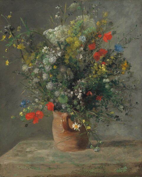 A loose arrangement of colorful wildflowers bursting out of a handled, red clay jug sits near the back left corner of a tabletop and fills the top two-thirds of this vertical still life painting. Soft light from the lower left illuminates tight clusters of silvery grey and white blooms up along the center, which are surrounded by delicate butter and lemon yellow flowers on tall stems covered with pine and pea green leaves. Brilliant poppy-red and cornflower-blue flowers punctuate the upper right and lower left of the arrangement. Small flowers in the lower right are painted with short daubs of navy blue dotted around green stems. Near the short, rounded handle, which faces us, one white-petaled daisy curls its face toward our left to soak in the light. Thin stems covered with small leaves in shades of pine, emerald, and spring green fill out the arrangement. The table is loosely painted with thin patches of apple green layered over oatmeal and dark brown. The background is mottled in sage green and steel grey.