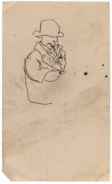 Seated Man in Overcoat and Hat, Right Hand Pointing