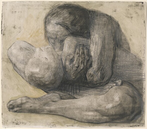 Printed with black and gray lines and white shading on ivory-white paper, a woman sits cross-legged, bent over and arms wrapped tightly around the torso of a smaller body limply lying across her lap in this nearly square print. The stooped woman fills most of the composition, and the child’s body is cropped at the waist by the right edge of the paper. The woman’s body is angled to our left so her left knee comes toward us. Her right leg is mostly hidden by the child’s body, but the toes of that foot dig into her other knee. The child’s head hangs back between the woman’s knees. The child’s features are indistinct, but the eyes are closed. The woman buries her face in the child’s neck, and zigzagging lines suggest her eyes are squeezed shut. Dark lines and shading suggest the woman’s hair is pulled back. The gnarled hand we can see cradles the child’s right shoulder. The space around the pair is empty, though there are a few gray smudges and marks across the background. The woman’s body is especially heavily outlined. The artist’s signature is barely legible, signed in graphite in the lower left, “Kollwitz.”