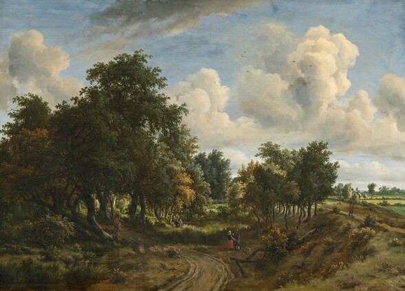 A rutted, dirt road curves from the bottom center of the canvas toward and behind a grove of tall trees to our left, beneath a pale blue sky with fluffy white clouds that fills the top two-thirds of this horizontal landscape painting. The broad, green canopies of the trees to our left create deep shade over twisting trunks, shrubs, and grasses. A narrow stream meandering alongside the road to our left reflects the moss, pine, and sage greens of the leaves. The land rises in a sloping bank to our right, and leads back to open fields with hedgerows that stretch to the horizon. Shorter, more spindly trees cluster along the bank in the distance. Tiny in scale, people are sprinkled throughout the landscape, either singly or in small groups. In the shade of the grove to our left, a man with dark pantaloons, a brown hat and coat, and a walking stick strolls along the road with a woman wearing a red skirt, a dark shirt, and a white apron and cap. Just off the curve of the road to our right, another man with walking stick, tan hat, and dark gray pantaloons talks to a woman also wearing red, black, and white. Another person, slightly smaller in stature, stands between them. At a pond farther back from this trio, a man with a broad-brimmed hat sits fishing at the edge of the water. Barely visible, a house with a pitched roof, a tall, brick-red chimney, and a white picket fence peeks out from behind the trees beyond the pond. Finally, a man wearing a rust-orange coat, gray pantaloons with white stockings, and a tall hat, carrying a pole propped on his shoulder, walks toward us on a footpath running alongside the fields. Tall, cream-white clouds dot the pale blue sky above, and tiny dots of dark paint suggest flying birds. Soft sunlight pours across the countryside. The artist signed and dated the painting in small script in the lower right corner: “meijndert Hobbema F 1663.”