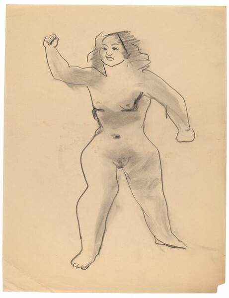 Standing Female Nude, Feet Apart, Right Arm Raised in Fist