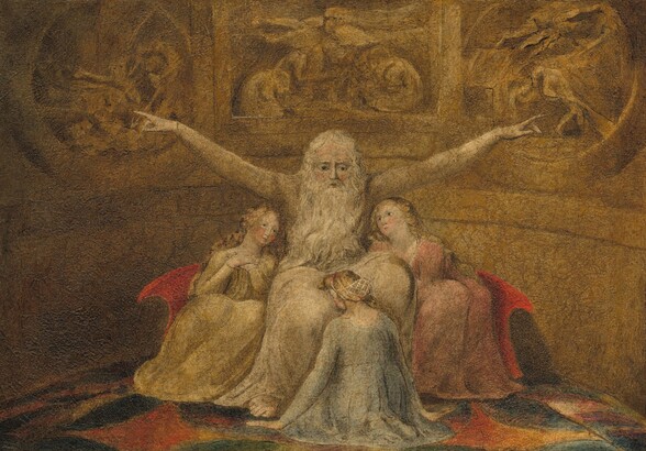 An old man with a long, white beard and flowing, white hair sits surrounded by three young women in a gold-toned room in this horizontal painting. The people all have dark dots for eyes and touches of pink on the cheeks of their otherwise parchment-white skin. At the center of the composition, the man holds his arms out straight to his sides, lifted slightly above shoulder level, with his index fingers pointing and his middle fingers touching his thumbs to make a ring with each hand. He looks down to our right under bushy, furrowed brows, and his beard falls to his lap. His cream-white robe falls to the floor over his legs, but the toes of one foot peek out from under the hem. Two young women with blond hair sit to either side of him, leaning against his legs and sides. The woman to our left wears a harvest-yellow, long-sleeved gown, and she holds her hands pressed to her upper chest. The woman to our right wears a muted, rose-pink gown. The third woman, in front of the man, sits with her back to us, hands palm-down on the floor to either side of her, and her face resting on the man’s knees. Her blond hair is partially held in a net at the base of her skull, and her slate-blue gown pools around her. The edges of a ruby-red seat curl to either side of the women flanking the man. On the upper half of the wall opposite us, a roundel is flanked by a square panel to each side. We can barely make out the forms of some people in the monochromatic, caramel-brown sections. The floor is loosely patterned with muted red, black, royal blue, and butter yellow. Upon closer inspection, we find that the surface of the painting is cracked throughout.