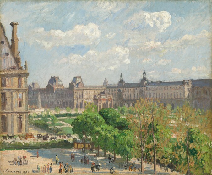 We look down onto a plaza with a sliver of a tall building rising along the left edge of the painting, a row of verdant, green trees to our right, and a row of buildings enclosing the space in the distance in this nearly square landscape painting. The peanut-brown building to our left nearly reaches the top edge of the canvas. It has three oversized, tall stories under a high, sloping roof with a slender chimney. A promenade with carriages runs in front of the tall building. In the plaza closer to us but tiny in scale, people gather in small and large groups, along the bottom edge of the composition. They are painted with dabs and short strokes of cobalt blue, butter and golden yellow, brick red, black, and white. The trees create a diagonal line running from the lower right corner into the scene, along the edge of the plaza to our right. Beyond the plaza and trees, the corners of a formal garden with sand-white walking paths stretch back to the row of buildings in the distance, which come halfway up the painting. That long line of buildings is painted with tones of light brown with rows of tall, narrow windows. The roofs are slate gray, and several cupolas and towers are spaced along its length. The buildings span the width of the painting and disappear behind the tall building to our left. Loosely painted, white, puffy clouds float across the ice-blue sky above. The artist signed and dated the work with brown paint in the lower left corner: “C. Pissarro. 1900.”