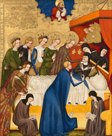 A dozen people surround a woman reclining in a bed in front of a gleaming gold background in this vertical painting. All the people have pale skin. Red curtains drape from a shallow awning hanging over the head of the bed to our right, and the foot of the bed almost reaches the left side of the panel. The woman on the bed, Saint Clare, lies back against pillows with her hands crossed over her chest and her eyes closed. A white cloth covers her body from the waist down. She and two women attending to her from behind the head of the bed wear nun’s habits with black robes and head coverings over high-necked white collars. A row of five women line up along the far side of the bed, looking at Saint Clare. They all have blond hair, pointed noses and rounded cheeks, and they all have crowns surrounded by halos, which have been punched into the gold leaf background. Their dresses are in shades of vivid blue, forest green, white, or burgundy red and gold. Each holds a different object, including one with what looks like the model of a castle tower and another a small basket of flowers. The woman closest to Saint Clare holds the nun’s face in her hands. On our side of the bed, two more blond women kneel and lean onto the bed. One near the foot of the bed wears a maroon-red and gold brocade robe and holds a tiny dragon. The other kneels near Saint Clare, wearing royal-blue robes, and is accompanied by a miniscule sheep. Two smaller, seated women flank the woman in blue on our side of the bed. They are about half the size of the other people, and they wear nun’s habits but with gray robes rather than black. Both look at open books in their laps. Two blond, winged angels hover within the awning over Saint Clare’s head swinging incense burners. A bearded, haloed man in a blue field at the top center of the panel and holds a tiny, crowned person, and looks down at Saint Clare. The gold background is punched and incised with a decorative band at the inner edge of the panel, and also to create regiments of musicians and winged angels along the top quarter of the composition.