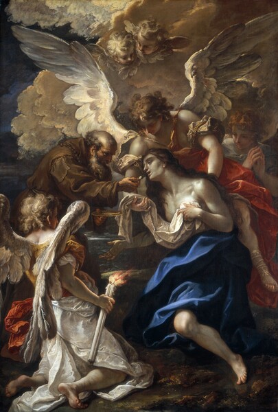 A woman kneeling on the ground and leaning toward a wafer held out by a man in a brown robe is surrounded by three winged angels in this vertical painting. The scene is dramatically lit from the upper left, and the people all have light skin. The woman, Saint Mary of Egypt, takes up most of the lower right quadrant of the painting, and she faces our left in profile. Her skin is tinged with gray, and a tear rolls down her gaunt cheek. Her lips are parted as she leans toward the quarter-sized wafer. Her wavy, chestnut-brown hair cascades down her back. She is naked from the waist up except for a white cloth she loosely holds to her chest with her left hand, closer to us. Her other hand is lifted, palm up, and her lower body is wrapped in voluminous, cobalt-blue fabric. The man stands opposite her, to our left, and he leans toward her to offer the wafer with his right hand. He holds a gold plate with his other hand. He is balding with a thick beard and deeply creased face. He wears a patched brown robe and a string of thick beads around his neck. Below him, in the lower left, an angel kneels facing away from us, looking toward Saint Mary. Light shines on the angel’s blond ringlets and along the edges of long, white and dove-gray wings. The angel wears a saffron-yellow tunic. An orange sash flutters at the waist, and a white cloth wraps around the lower body but reveals bare shins and feet. A burning torch is held in one hand, to our right. Another angel with widespread wings hovers in mid-air behind Saint Mary and looks down at her. This second angel’s glowing white wings nearly span the width of the painting. One arm reaches for or braces Saint Mary and the other holds the other end of the cloth Saint Mary clutches to her chest. Dark blond ringlets lift away from the angel’s shadowed face, and folds of the coral-orange garment flutter around the body. A third angel looks on from under one lifted wing, along the right edge of the painting. That angel is seen from the shoulders up with fingertips touching, and has tousled copper-red hair. Two winged baby heads float above the scene and are set against the cream-white and ginger-brown clouds that billow in from the upper right and fill much of the sky. A sliver of royal-blue sky is visible in the upper left.
