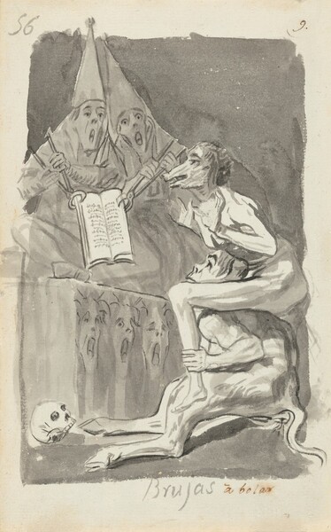 Created with black ink and gray washes on cream-white paper, this drawing shows a person with a pig’s face sitting astride the shoulders of a person with goat’s legs, both looking at a book held open by two people wearing robes and tall, conical hats. The creature with goat's legs sits on the floor, legs stretched in front of it. It grips the ankles of the pig-headed person, who looks at the book with with palms raised to shoulder height and facing out. The robed people hold the book open with long pincers and look at the pair of imaginary creatures with their eyes and mouths wide open. On the cloth draping over the table, three faces are drawn side-by-side, also with wide-open eyes and mouths.  A skull rests on the floor near the lower left corner. The title is written in the center of the margin of the white paper under the image, “Brujas,” and to the right, in brown ink, “à bolar.”