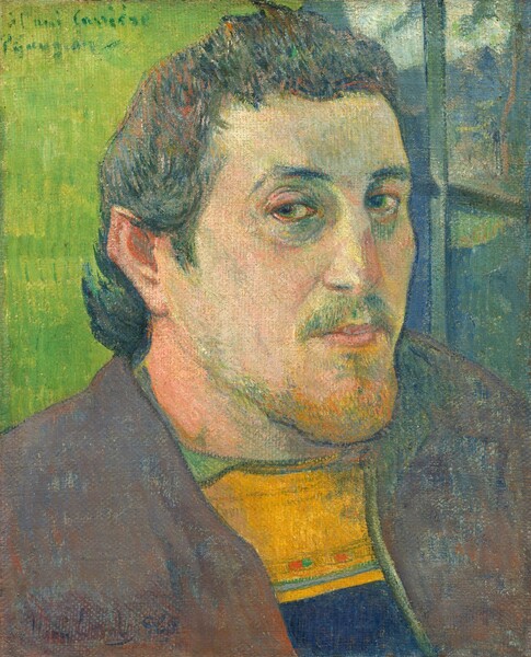 Painted in muted lime green, plum purple, buttercup yellow, slate and royal blue, the head and shoulders of a man with peach-colored skin sitting in front of a window looks at us in this stylized, vertical portrait. His body and face are angled to our right but he looks at us from the corners of his eyes, which are grass-green with touches of yellow. One cobalt-blue eyebrow is cocked, and shading in denim blue, butter yellow, and fern green create hollows under both eyes. His flat nose has a broad bridge, and his pale pink lips are closed, the far corner pulled slightly up. His mustache is painted with visible strokes of forest green and his ginger-orange beard is trimmed along his prominent, jutting chin. His short, dark hair is brushed back from his temples and is painted with strokes of pine green, navy blue, and coral orange. His shirt has a wide, golden yellow stripe along the collar above indigo blue, under a grayish-violet purple jacket. The wall over his shoulder, in the upper left corner, is painted vivid lime green with long, vertical brushstrokes. The view through the window beyond his other shoulder is of vegetation and mountains. The portrait is painted with visible brushstrokes throughout, and is especially loose in the background, hair, and jacket. An inscription in dark green script in the upper left reads, “a l