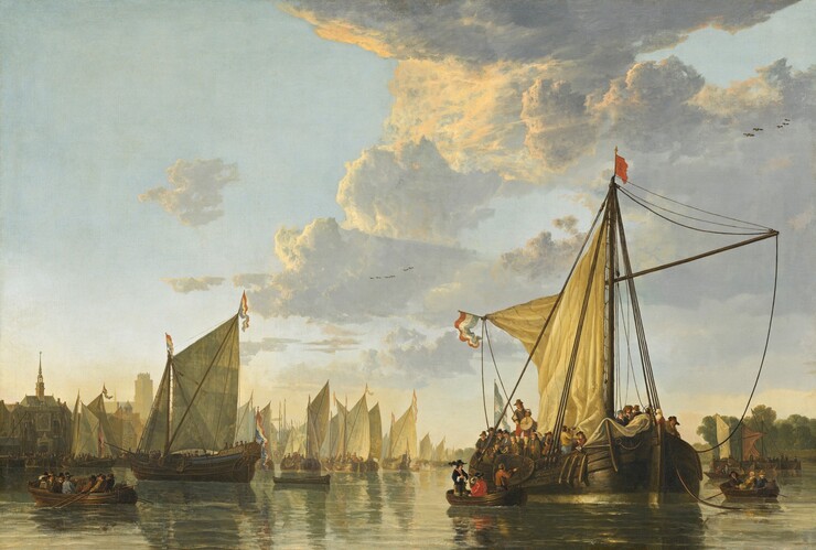 A fleet of ships gathers in a river lined by trees and buildings in this horizontal painting. The horizon is low, less than a quarter of the way up the composition, and the immense pale blue sky above is filled with clouds with golden tops above dove-gray undersides. The river spans the width of the painting and is congested with boats and ships, many festooned with red, white, and blue flags and banners. The vessels are crowded with people, mostly men wearing hats and black or brown garments. A ship to our right is closest to us and is the largest in the composition. A rowboat has pulled up to the side of the ship, and is occupied by a seated man wearing crimson red and a standing man wearing black. Another man, wearing brown, pulls the rowboat closer to the ship. Amid the densely packed deck over the rowboat, a musician plays a drum while another drinks from a flagon. Ships with unfurled sails, rowboats, and ferries fill the river behind and around the large ship. Churches and buildings are clustered along the riverbank to the left and trees line the river to the right.