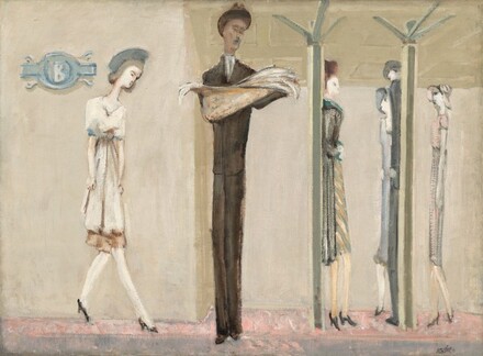 Six stylized, elongated, thin men and women stand spaced across a shallow platform in front of a cream-colored wall under a ceiling supported by two columns in this horizontal painting. The overall color palette is dominated by white, tan, light steel blue, and pale blush pink. Most of the people have smooth, ivory-white skin but one man, to our left of center, has light brown skin. He stands facing us wearing an ash-brown suit with a white shirt, a tie, and a brown fedora hat. He looks down at the open newspaper he holds in front of him. The four women wear dresses or skirts to just below the knee with high heeled, black pumps. Some wear coats and hats. To our left of the man with the newspaper, a woman takes a step on spindly feet so she faces our right in profile, arms down by her sides. One woman stands against one of the columns to our right and another, wearing a sky-blue dress and hat, stands next to the other column alongside a man wearing a charcoal-gray suit. A slate-blue, oval medallion with a white letter B at the center hangs on our wall to our left. The floor under the people is cotton candy-pink farther away from us, beyond a band of smoke gray along the bottom edge of the canvas. The artist's name, 