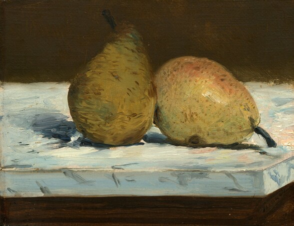 Two green pears lit from the upper right sit on a pale blue tabletop or ledge against a dark background in this horizontal still life painting. The left pear sits upright against the other. The left-hand pear’s laurel-green skin is flecked with dark brown, and its black stem tips to our left. The other pear lies on its side with its stem angled toward the table to our right. Its lighter green skin is tinged with peach along its top curve. The surface beneath the pears is loosely painted with ice blue flecked with gray, blush pink, and sky blue, perhaps suggesting marble. The front, right corner of the table nearly lines up with the bottom right corner of the composition. The area below the table and the wall behind the table are dark brown. Barely visible, the artist signed the painting with black paint against the dark brown skirt of the table, “Manet.”