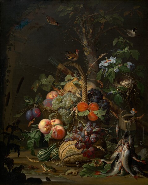An abundance of plants, fresh fruit, flowers, birds, small animals, insects, and recently caught fish are piled in and tumble out of a woven basket in woodland setting in this vertical still life painting. The color palette is dominated by rich, fall harvest colors of jade and pine greens, plum purple, butter yellow, pumpkin orange with touches of silver and robin’s egg-blue. The scene is lit strongly by our left and the background is swallowed in shadow. The wicker basket with its tall, arched handle seems to have been set before a rough-hewn, stone archway. Birds perch in the tree branches above the basket and on the handle. The fruit in the basket includes green, red, and purple grapes, peaches, plums, oranges, and yellow pears. Tendrils of wheat intertwine through the fruit and leaves, and around the handle. Green, striped gourds sit to our left next to a cantaloupe at the foot of the basket. Emerald-green frogs, a live and a dead lizard, a caterpillar, snail, and insects sit, lay, or move on the dirt ground around the gourds and melon.  To our right, about a third of the way up the composition, worms spill out of a wooden box from which hang several fishing lines holding recently caught, silvery fish. A small, ivory-colored butterfly with black markings and a patch of vivid orange on each wing sits on the lid of the box. Above the box of bait, a nest with four cream-colored eggs is tucked among the branches of a hibiscus plant with pale blue, flaring blossoms. A mossy, narrow oak tree trunk bearing acorns rises between the basket and in front of the stone arch, and off the top edge of the painting. A fishing rod and a cylindrical wooden case painted golden yellow with rust-red designs rests at an angle across the basket to the ground behind the tackle box to our right. Cattails, rocks, and the profile of frogs are shown in shadowed silhouette around a pool of water in the lower left corner.