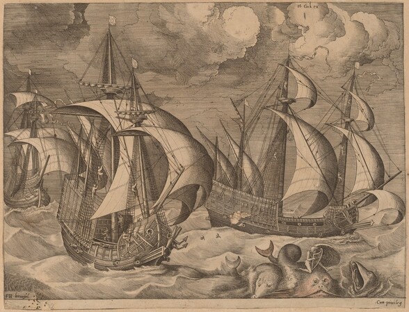 Three Caravels in a Rising Squall with Adrion on a Dolphin