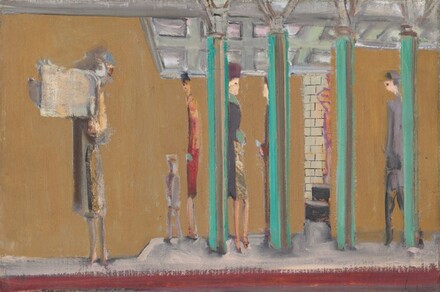 Six elongated, stylized people stand behind and near columns on a train platform in this horizontal painting. The scene is loosely painted so many of the details are indistinct. The front of the platform runs along the bottom edge of the canvas, and the ceiling runs parallel to the top edge. The skin we can see is painted vanilla white or pale yellow. To our left, along a narrow sliver of the platform, a woman stands reading a newspaper held up in front of her face. Her narrow coat and spindly legs are painted with a few swipes of black, smoke gray, and butter yellow, and her head or hat is a swirl of loosely painted strokes in charcoal gray, baby blue, harvest yellow, and white. The white platform steps back in space across the right two-thirds of the composition, and four turquoise-blue pillars are spaced along that area. Closest to the reading woman, a person wearing a scarlet-red coat or dress stands with a shorter person, presumably a child, half her height and wearing a lilac-purple suit. Near the leftmost pillar, a woman wearing an ocean-blue coat and a deep, periwinkle-purple hat leans against the pillar, facing our right in profile. Near the next pillar, a man with clothing painted with long, vertical strokes of olive green stands opposite her. Beyond the two center pillars is a narrow view of a white brick wall with dark grout, with a few strokes of fuchsia pink near the opening. The sixth person stands near the rightmost pillar, facing our left in profile, wearing a broad-brimmed gray hat and gray suit. The back wall is mustard yellow, and the front face of the platform is a band of brick red along the bottom edge.