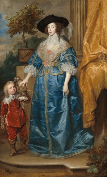 A woman with a smooth, pale complexion, wearing a shimmering, azure-blue, gown, stands next to a child with a pale pink complexion, wearing a flame-red suit in this vertical portrait painting. The woman stands at the center of the composition with her body angled to our left, but she looks at us from the corners of her brown eyes. She has a straight nose, softly arched brows, and her full, coral-pink lips are closed. A hint of a shiny silver earring pokes through tawny brown ringlets, and one curl falls over one shoulder. Two long, white feathers droop off the side of her wide brimmed, ink-black hat. The bodice and full skirt of her blue dress are trimmed with bands of gold along the hems, down the sleeves, and down the front of the skirt. The blue fabric is covered with short, diagonal strokes of lighter blue. White fabric covers the front of her bodice under a tall, wide, stiff, lacy white collar that extends from her chin to her shoulders. Two rose-pink bows are tied on the white fabric on her chest. The cuffs of her elbow-length sleeves have layers of white ruffles. She touches her skirt with her left hand, to our right, and with the other touches a monkey on the boy’s shoulder. To our left, the boy’s body faces us but he looks up toward the woman with dark eyes. He has rounded cheeks and his lips are parted in a slight smile. His shoulder-length blond hair reaches to his wide, lacy collar. His red suit has long sleeves, and the coat is buttoned down the front. Ivory-white gloves reach back over his forearms, and the tops of his knee-high, fawn-brown boots are folded over. He raises his left arm, closer to the woman, to hold a monkey on a tether. The monkey stands with its feet on the boy’s forearm and its front paws on the boy’s shoulder. The woman and boy stand on a wide, curved, peanut-brown stone step. A fluted column rises to our right of the woman, and a gold, brocade curtain hangs down the right edge of the canvas, partially in front of the column. A pearl-encrusted crown is tucked into the folds of the curtain. On a ledge to our left of the woman, a miniature orange tree grows in a pot. The landscape beyond has soft green trees against a blue sky mostly screened with parchment-brown clouds.