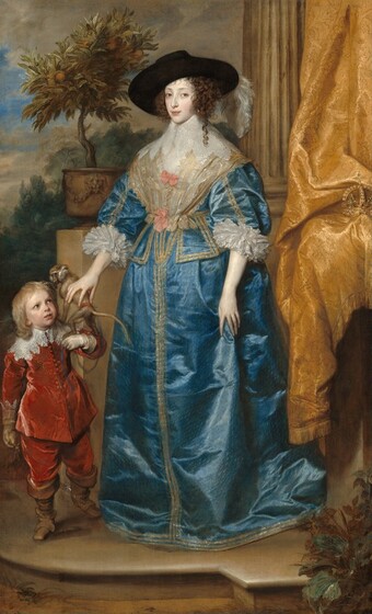A young woman with a smooth, ivory-white complexion is shown from waist up, wearing a shimmering, royal-blue dress in this vertical painting. Her body is angled to our right as she holds a metal object, perhaps a vessel or incense burner, in her hands by her chest. She turns and tilts her head to our left, but then looks back across her body, off to our right with flint-gray eyes. She has a full, oval-shaped face with a straight nose, smooth cheeks, and her pale pink lips are closed. A gray pearl earring hangs from the ear we can see. Her auburn-brown hair is parted down the middle, and loosely pulled back into a braid that brushes her left shoulder, to our right. The blue dress has a square neckline and a fitted bodice. Light glints off the fabric, shading it from royal to sapphire blue. A voluminous white sleeve is rolled back to her right elbow, to our left.  That arm and hand nearly span the width of the painting as she holds a container with a conical top near the lower right corner of the composition.  The background is solid black.