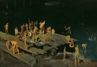 From a high vantage point, we look down ontp a group of dozens of boys who stand, sit, stretch, sprawl, or dangle their legs off a rough wooden pier that juts out from the lower left corner into a dark river in this horizonal painting. Their gangly bodies are loosely painted and brightly lit from the upper left. Most are nude, their skin tones ranging from cream white to medium brown. There are gaps between some of the planks of pier, and some of the boards hang off the sides, as if laid loosely across the supports beneath. One boy dives into the river near the center of the painting while another bends over to pull a boy back onto the pier. Several splash in the water near the right side of the painting. The river is emerald green near the brightly lit pier and becomes almost black across the upper half of the painting. An empty, small rowboat painted in stripes of white, white, and blue floats in the shadows along the top center edge of the canvas.