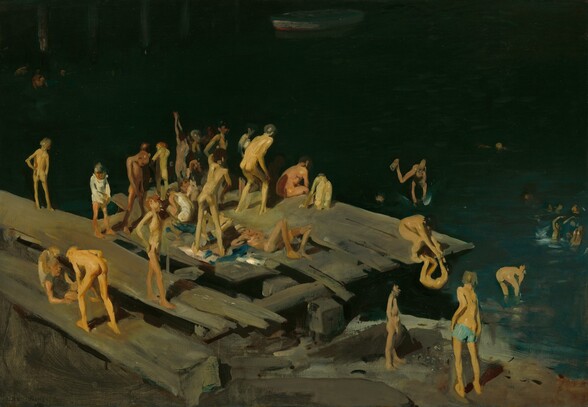 From a high vantage point, we look on a group of dozens of boys who stand, sit, stretch, sprawl, or dangle their legs off a rough wooden pier that juts out from the lower left corner into a dark river in this horizonal painting. Their gangly bodies are loosely painted and brightly lit from the upper left. Most are nude, their skin tones ranging from creamy white to medium brown. There are gaps between some of the planks of pier, and some of the boards hang off the sides, as if laid across the supports beneath. One boy dives into the river near the center of the painting while another bends over to pull a boy back onto the pier. Several splash in the water near the right side of the painting. The river is emerald green near the brightly lit pier and becomes almost black toward the upper half of the painting. An empty, small rowboat painted in stripes of white, white, and blue floats in the shadows along the top center edge of the canvas.
