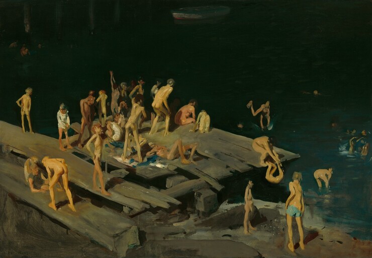 From a high vantage point, we look down ontp a group of dozens of boys who stand, sit, stretch, sprawl, or dangle their legs off a rough wooden pier that juts out from the lower left corner into a dark river in this horizonal painting. Their gangly bodies are loosely painted and brightly lit from the upper left. Most are nude, their skin tones ranging from cream white to medium brown. There are gaps between some of the planks of pier, and some of the boards hang off the sides, as if laid loosely across the supports beneath. One boy dives into the river near the center of the painting while another bends over to pull a boy back onto the pier. Several splash in the water near the right side of the painting. The river is emerald green near the brightly lit pier and becomes almost black across the upper half of the painting. An empty, small rowboat painted in stripes of white, white, and blue floats in the shadows along the top center edge of the canvas.